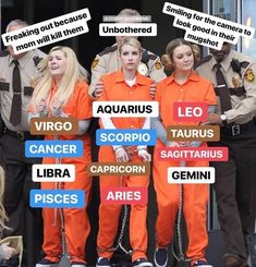 orange is the new black characters with their name tags in front of them and behind them are police officers