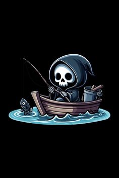 a skeleton sitting in a boat with a fishing pole and a fish on the water