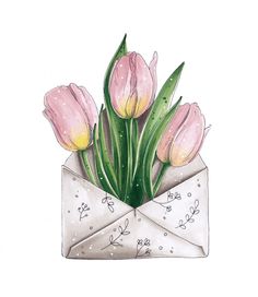 watercolor painting of pink tulips in an origami envelope