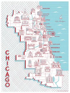 the chicago neighborhood map in red and blue