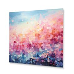 an abstract painting with blue, pink and yellow colors on it's canvas wall art