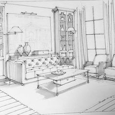 a drawing of a living room with furniture