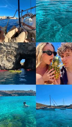 two people on a boat in the water and one holding a pineapple while another holds a drink