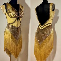 Size S/M Never Used Luxury Custom Made Latin Dance Dress Leotard Attached Covered In Swarovski Rhinestones Fringes And Beats Amazing Quality Gold Embellished Fitted Flapper Dress, Gold Fitted Sleeveless Flapper Dress, Fitted Gold Sleeveless Flapper Dress, Gold Fitted Dance Dress, Gold Fitted Dress For Dance, Latin Competition Dress, Cuffed Sleeve Dress, Zara Slip Dress, Latin Dance Dress