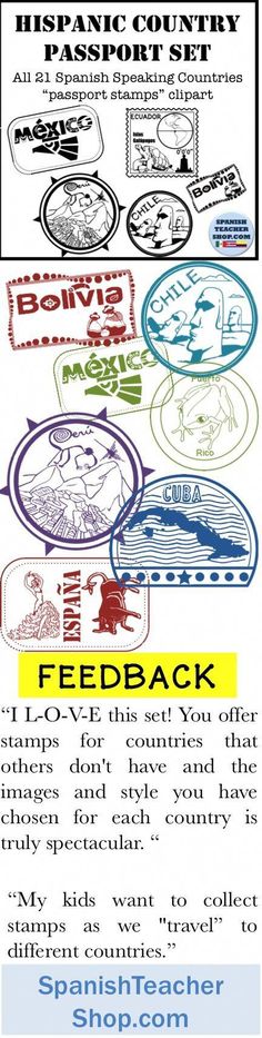 Passport stamps for all 21 Spanish Speaking Countries. Central and South American clipart. #teachingkidsspanish Spanish Speaking Countries Activities, Travel Theme Classroom, American Clipart, Learning Spanish For Kids, Spanish Basics, Spanish Lessons For Kids, Language Classroom, Middle School Spanish