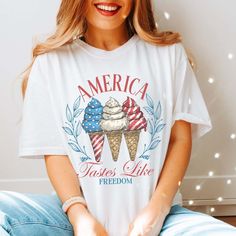 America Tastes Like Freedom Comfort Color Tee - Limeberry Designs Patriotic American Flag Print T-shirt For Spring, Spring Patriotic T-shirt With American Flag Print, Patriotic American Flag T-shirt For Spring, American Style Flag Print Summer Top, American Style Flag Print Tops For Summer, Summer American Style Tops With Flag Print, American Style Summer Tops With Flag Print, American Style Summer Top With Flag Print, Freedom Graphic