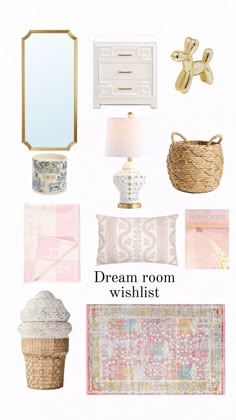 a collage of pink and white items with the words dream room wishlist written below