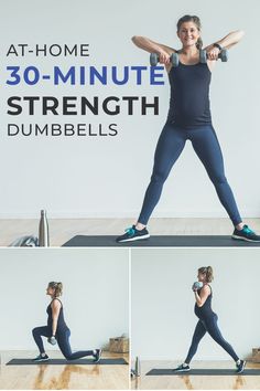 a woman doing an exercise with dumbbells in front of a white wall and text that reads at - home 30 - minute strength dumbbells