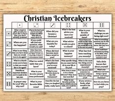 a printable christian icebreakers game on a wooden table with the words,