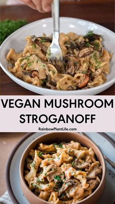 vegan mushroom stroganoni in a white bowl with a spoon