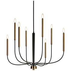 a black and gold chandelier with eight lights hanging from it's center