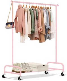 a rack with clothes and shoes hanging on it's sides, in front of a white background