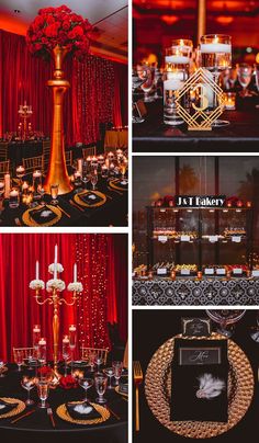 red and gold wedding decor with candles, plates, and flowers on the centerpieces