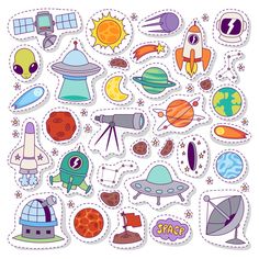 the space stickers are arranged in different shapes and sizes, including rockets, stars, planets