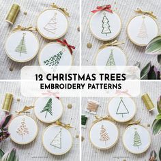 twelve christmas trees embroidery patterns in different styles and sizes, with text overlay that reads 12 christmas trees embroidery patterns