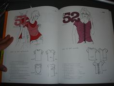 an open book with drawings of women's tops and numbers on it, showing the instructions for sewing