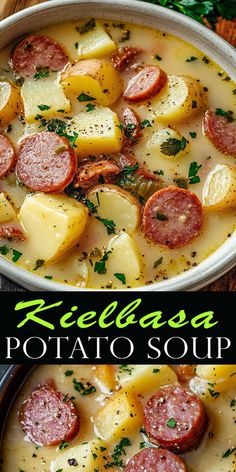 two pictures of kielbasa potato soup with potatoes and parsley on the side