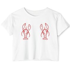 A Long Island (& Maine!) favorite! This unique lobster racerback tank top will make you smile and can be a great idea to show off your hometown pride & sassy side. This Double Lobster tank has been designed for enjoying your favorite lobster roll in Montauk! SIZING & MATERIALS- Women's sizing- 60/40 combed ring-spun cotton/polyester- Drop shoulder sleeve with ribbed cuffs & collar CARE INSTRUCTIONS:- Machine wash inside out cold with like colors- Tumble dry low or hang to dry- Do not iron direct Hes Her Lobster, Bachelorette T Shirts, Lobster Shirt, Drop Shoulder Sleeve, Bachelorette Tshirts, Hometown Pride, 30th Bday, Lobster Roll, White Crop Top