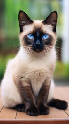 a siamese cat with blue eyes sitting on a table