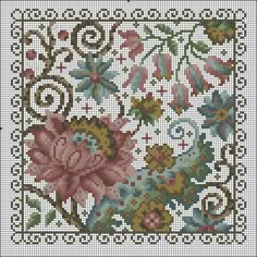 a cross stitch pattern with flowers and leaves