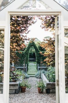 an open door leading into a garden with potted plants and trees in the background