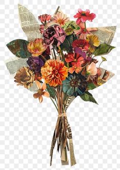 an arrangement of flowers in a vase with newspaper pages on the bottom, transparent background