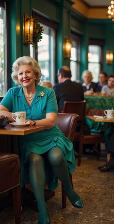 an older woman sitting at a table with a cup of coffee in front of her