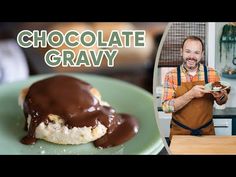 a man holding a chocolate covered pastry on top of a green plate with the words chocolate gravy in front of him