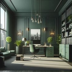 an office with green walls and lots of bookshelves on the wall, along with a desk in front of a large window