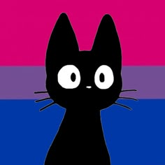 a black cat with big eyes standing in front of a pink, blue and purple background