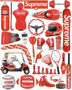 an assortment of sports related items are shown in this graphic art printable poster, which includes red and white colors