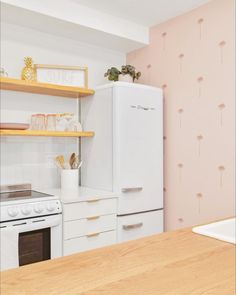 a white refrigerator freezer sitting next to a stove top oven under a wooden counter