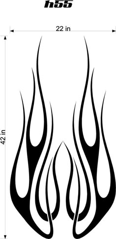 an image of a black and white flame sticker on a white background with measurements