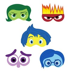 four different colored masks with eyes and hair