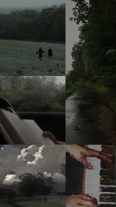 several different pictures with people walking in the rain, and one person holding an open book