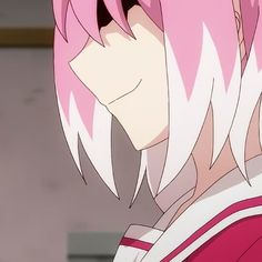 an anime character with pink hair and white eyes