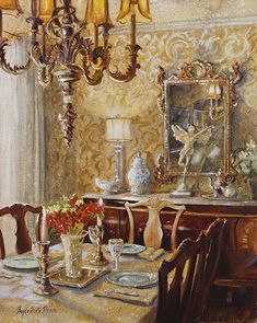 a painting of a dining room table with flowers on the table and a mirror above it