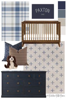 Baby boy nursery decor mood board with navy blue and brown tones