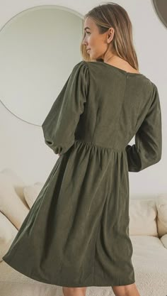 The Evelyn Corduroy Dress: Square Neck, Balloon Sleeves, and Pockets - Oh My! Corduroy Dress Outfit Winter, Stylish Modest Outfits, Corduroy Dress Outfit, Cute Long Sleeve Dresses, Dress Square Neck, Winter Dress Outfits, Fall Winter Dresses, Fashion Tops Blouse, Wedding Fun