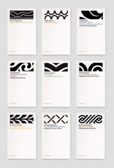 six different business cards with black and white designs