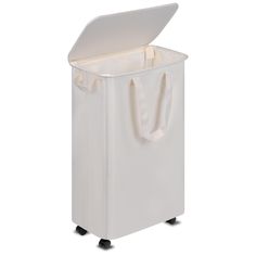 a white plastic trash can with a lid and handles on the side, holding a bag