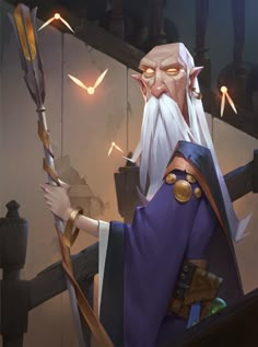 an animated character with long white hair and beard holding two arrows in one hand while looking at the camera