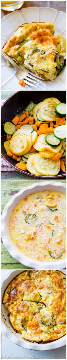 three different views of food in pans on the table, including zucchini and squash