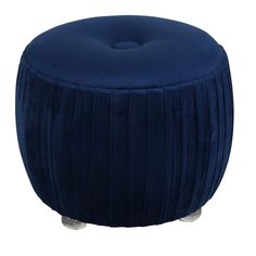 a blue velvet stool with wheels on the bottom and an attached foot rest in front of it