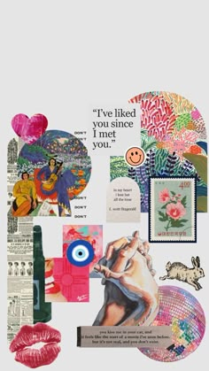 the collage has many different pictures and words on it, including an image of a woman's face