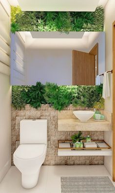 a bathroom with plants growing on the walls and ceiling above the toilet, along with a sink