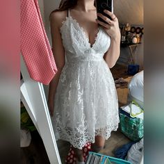 White Formal Dress, The Back Is Crisscross And It Has Three Layers On The Bottom, So Not See Through, I'm 5'5 And It Comes Up A Little Above My Knee, Never Worn Lulu Dresses, Summer Party Dress, Lace White Dress, White Lace, White Formal Dress, Lace Dress, Party Dress, White Dress, Colorful Dresses