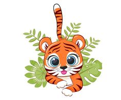 a cartoon tiger peeking out from behind some leaves