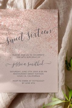 a pink and silver glitter sweet sixteen birthday party card with the words sweet sixteen on it