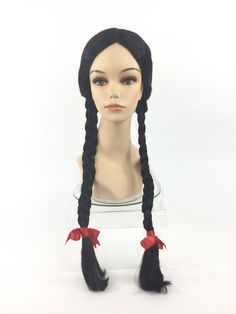 "Welcome to Funtasy Wigs - Premium quality theatrical Halloween costume / cosplay wigs. Great looking \"WEDNESDAY ADDAMS\" character costume wig for kids and tweens Production Type: Custom Design / Funtasy Exclusive Color: BLACK Material: Deluxe Synthetic Wig Fiber 10 & Under Cap Size: 20\" One Size Fits Most Comfort Stretch Cap with Adjustable Sizing Straps 11 & Up Cap Size: 21.5\" One Size Fits Most Comfort Stretch Cap with Adjustable Sizing Straps Condition: NEW Ready to Wear: Yes, no styling Emo Ponytail, Wednesday Addams Character, Wednesday Halloween Costume, Tv Characters Halloween Costumes, Anime Braids, Wednesday Halloween, Old Halloween Costumes, Addams Family Costumes, Leia Costume